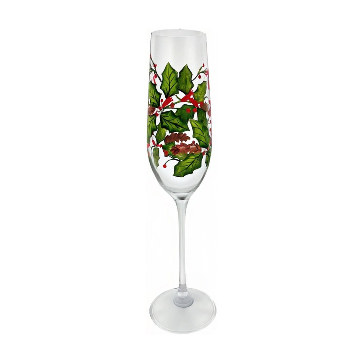Hand Painted Holly Decal Glass Champagne Flute - Green & Red