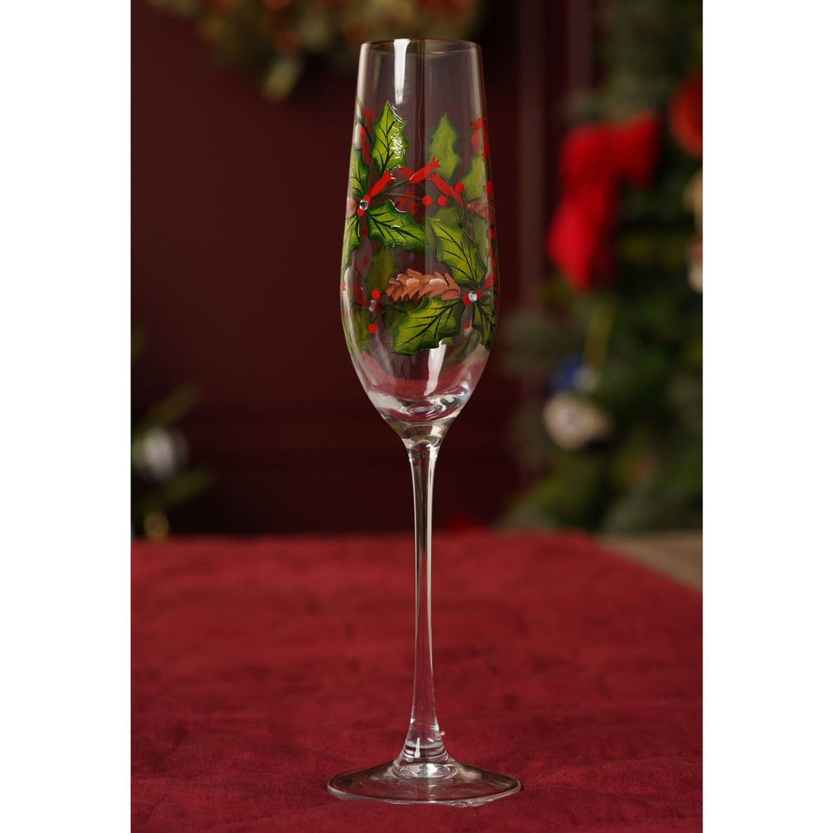 Hand Painted Holly Decal Glass Champagne Flute - Green & Red