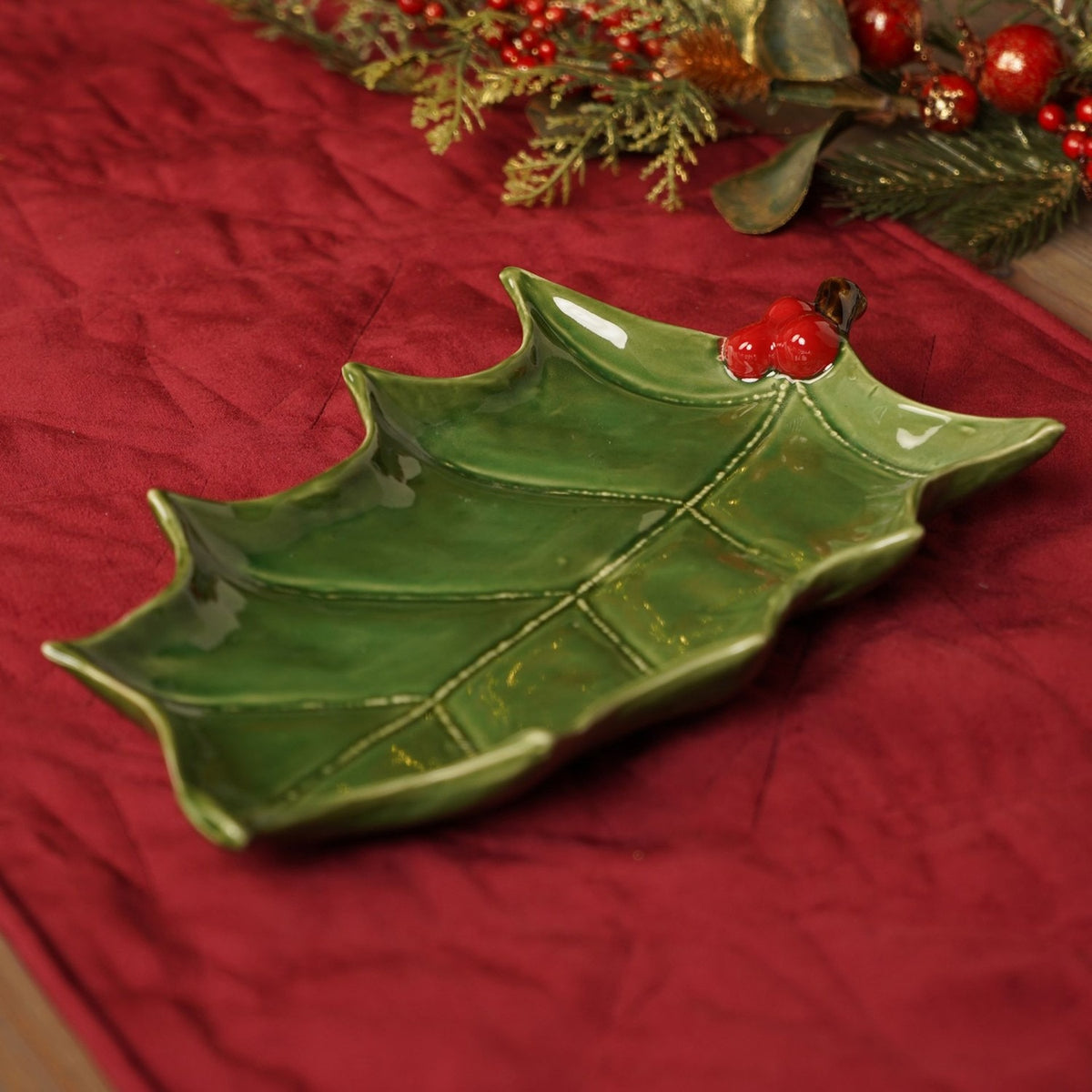 Holly Leaf and Berry Ceramic Cookie Serving Tray - Green & Red