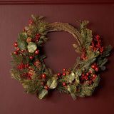 Golden Sparkle Pine Wreath with Berries 45cm - Green & Red