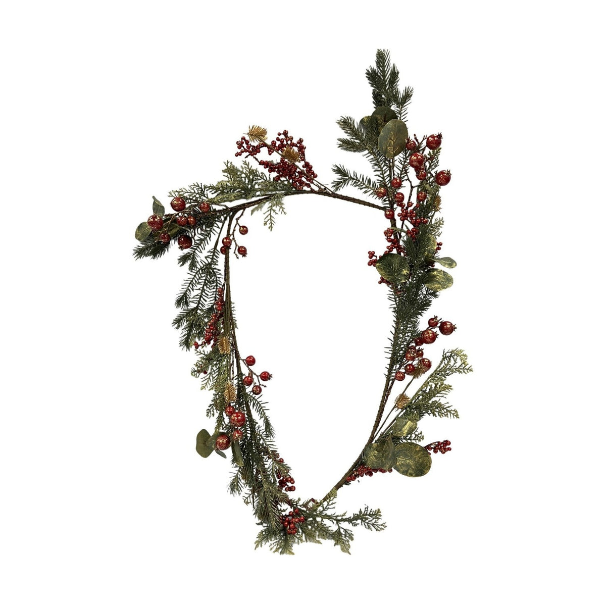 Faux Pine Garland with Berries and Leaves 150cm - Green & Red