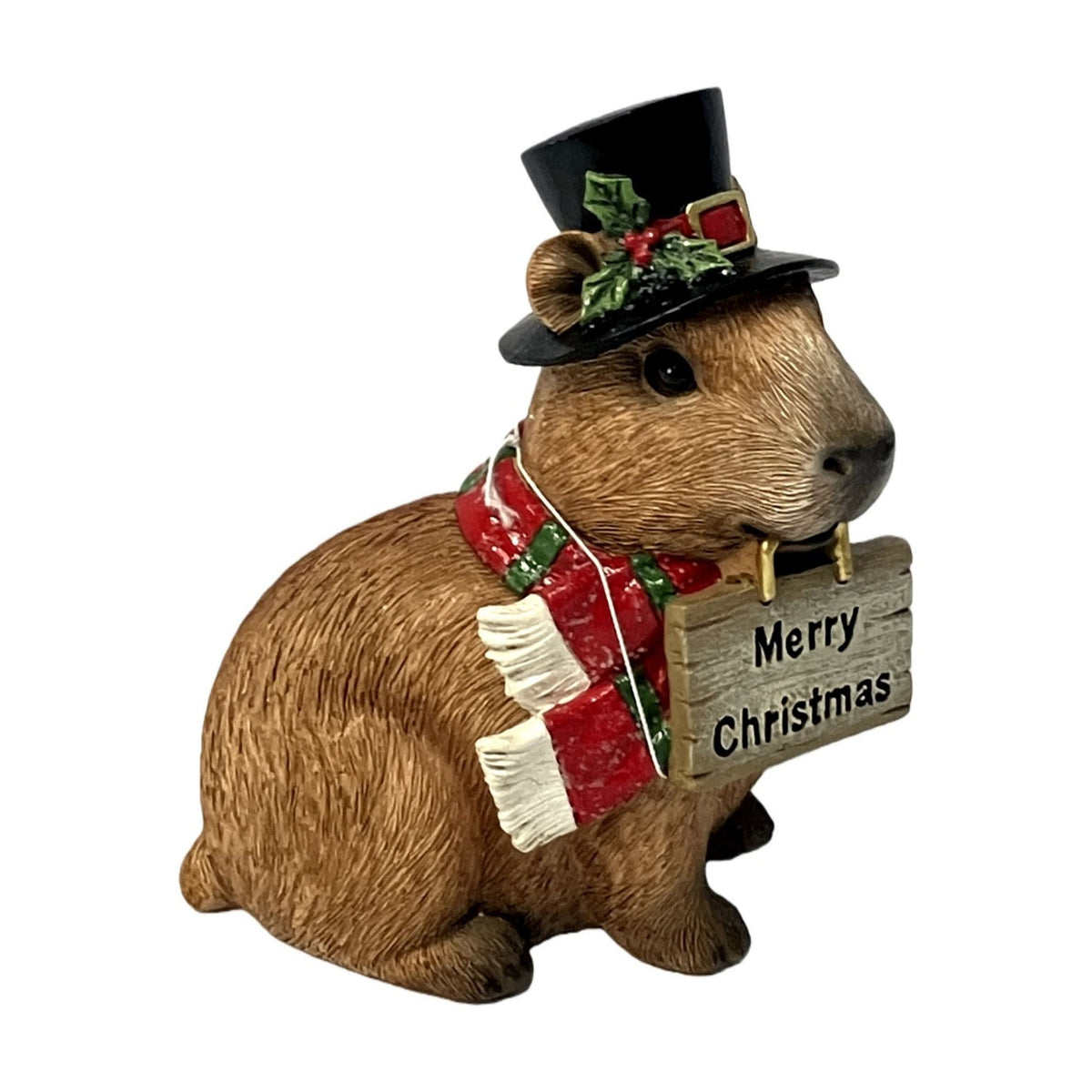 Resin Capybara Christmas Figurine with Sign 12.5cm - Brown