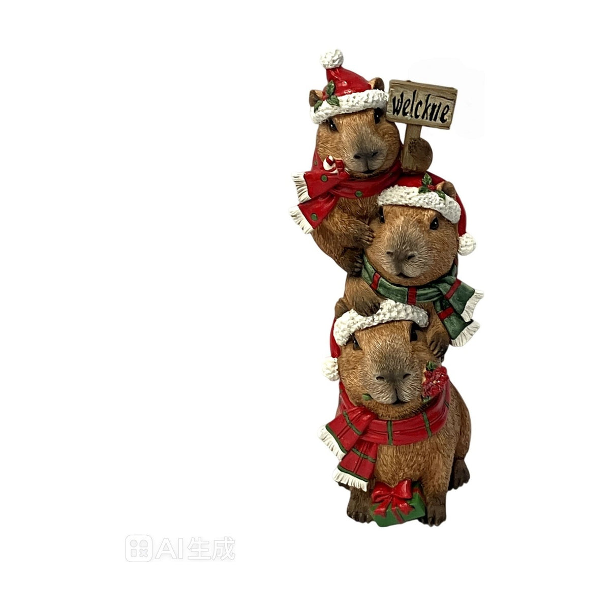 Resin Stacked Capybara Christmas Figurine 32cm - Brown & Red