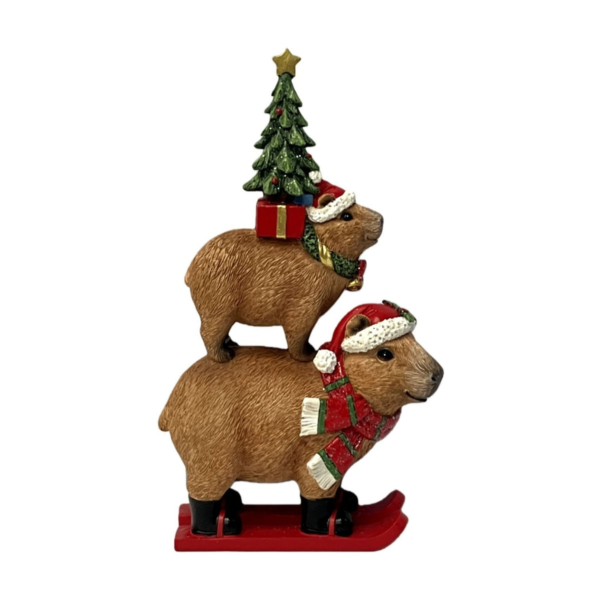 Skiing Capybara Christmas Resin Figurine 23.8cm - Brown & Red
