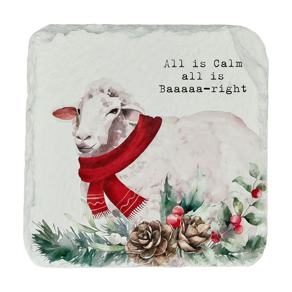 All Is Calm Christmas Sheep Slate Coaster - White & Red