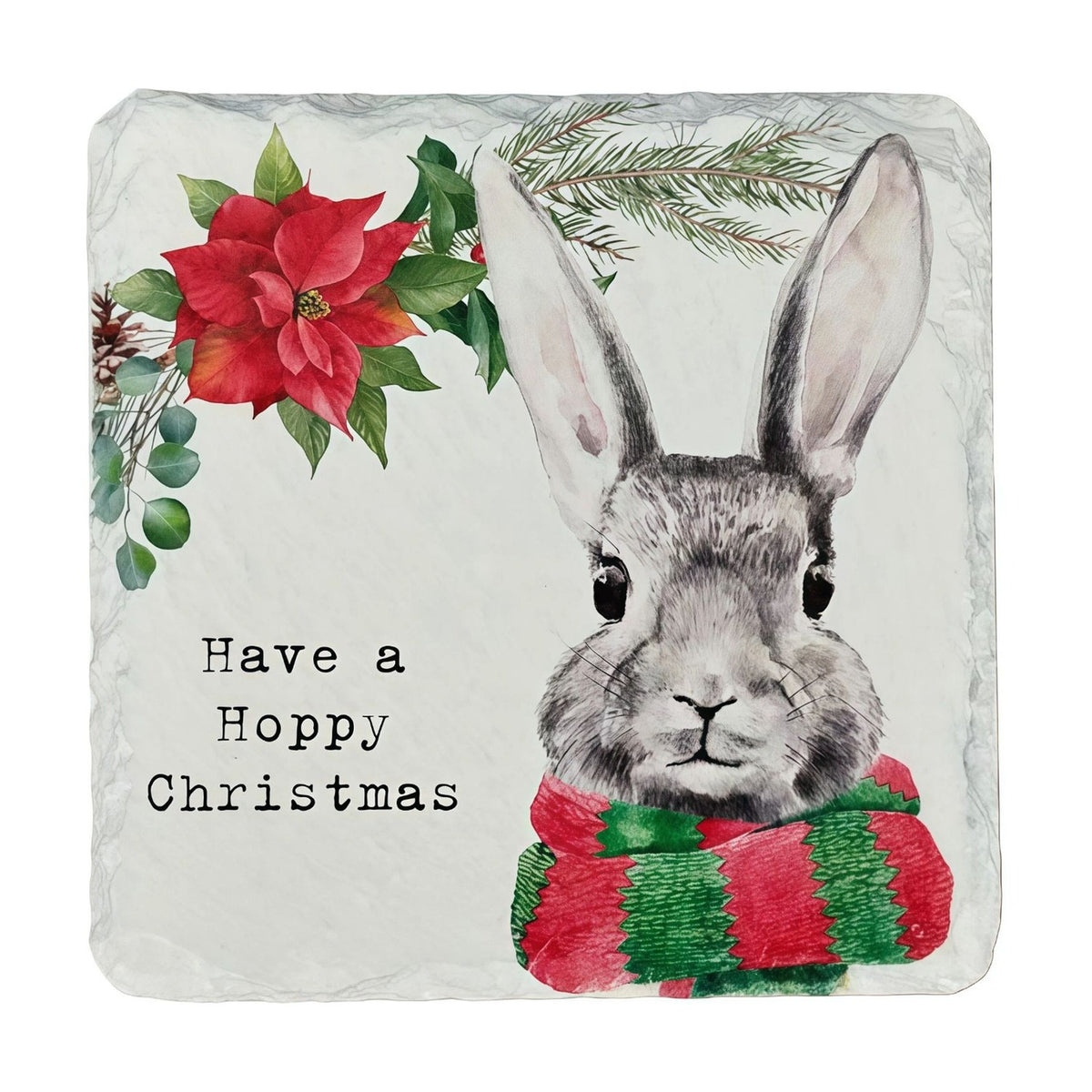 Square slate coaster featuring a grey rabbit in a red and green striped scarf beside a red poinsettia and pine sprig, with "Have a Hoppy Christmas" text on a white background.