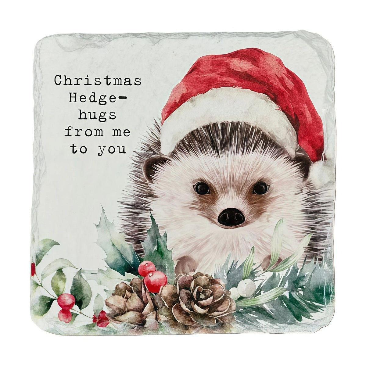 Christmas Hedgehog and Holly Slate Coaster - Red & White