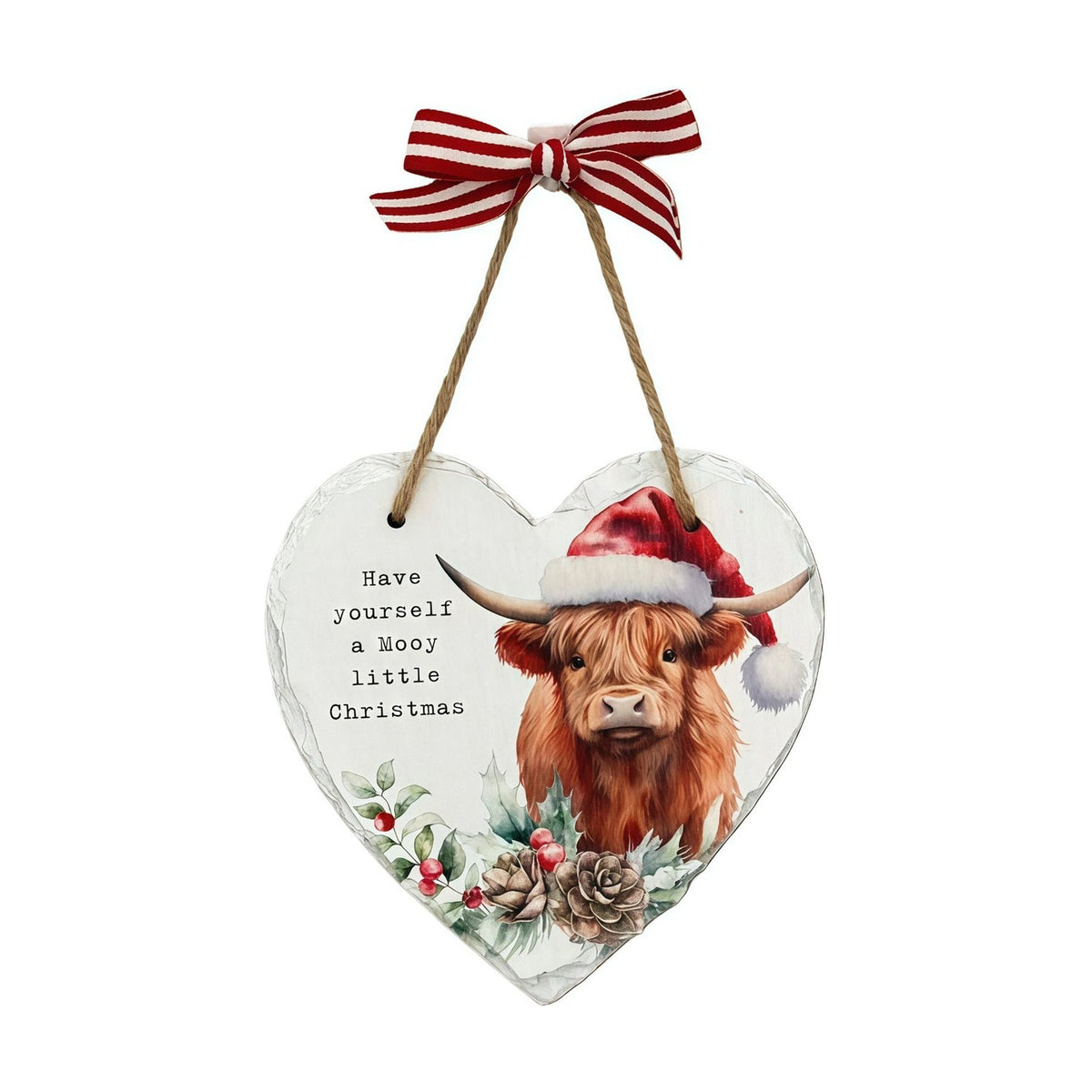 Wooden Hanging Heart Plaque 15cm with Highland Cow - White
