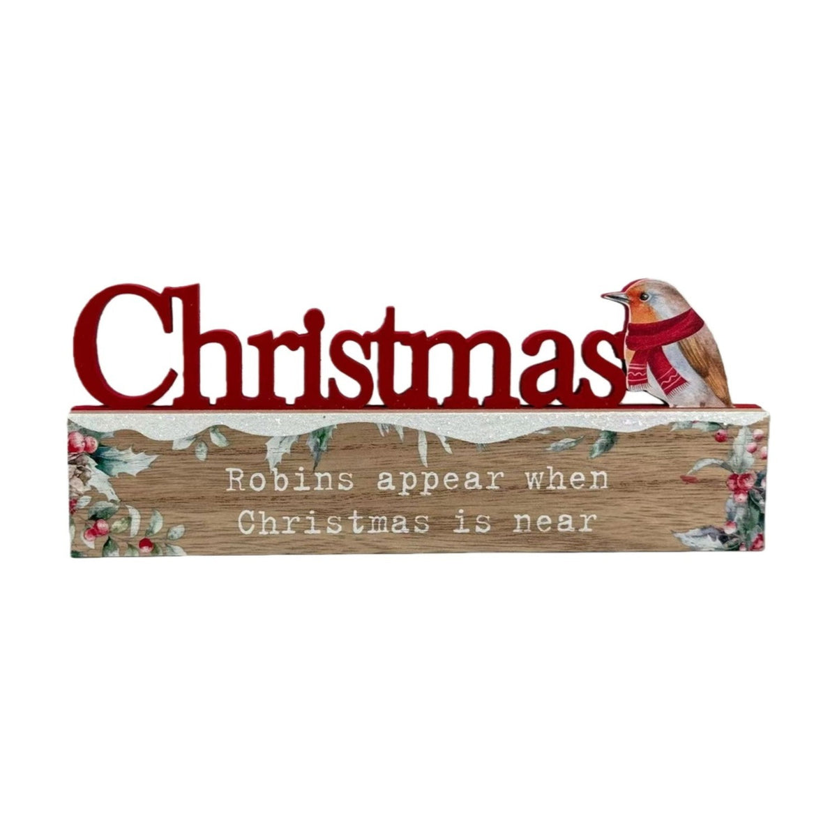 Christmas Robin Cutout Wooden Mantel Plaque 19.8cm - Brown & Red