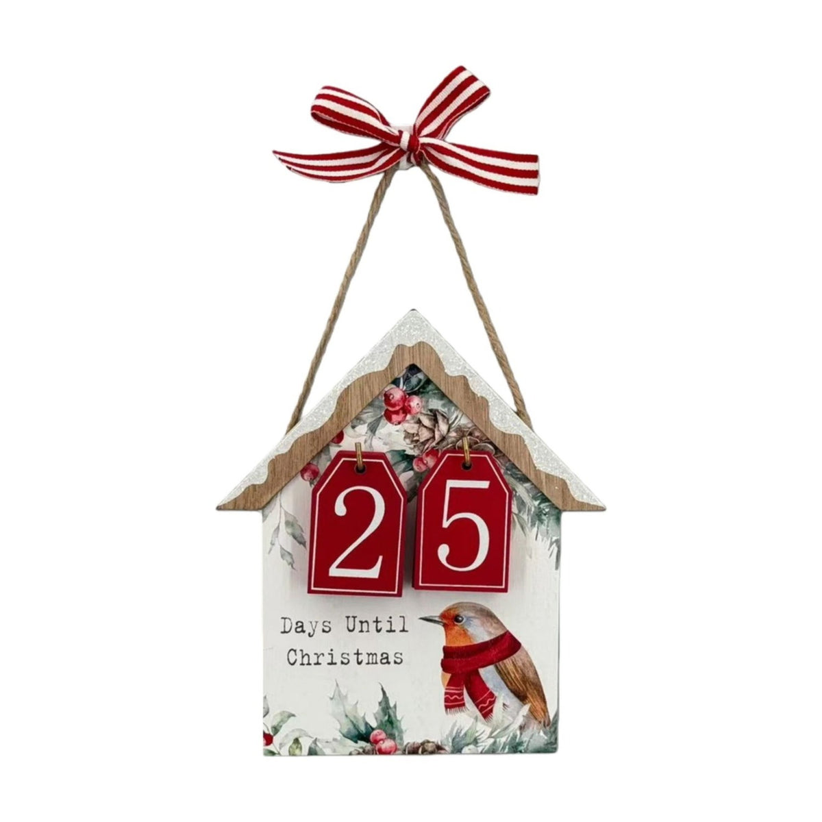 Robin Countdown to Christmas Wooden Plaque - Red & White