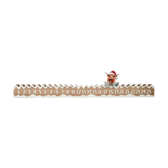 Highland Cow Christmas Countdown MDF Plaque in brown wood-effect finish with wavy white edging, numbers 1–25, and a Highland cow in a Santa hat, on a plain white background.