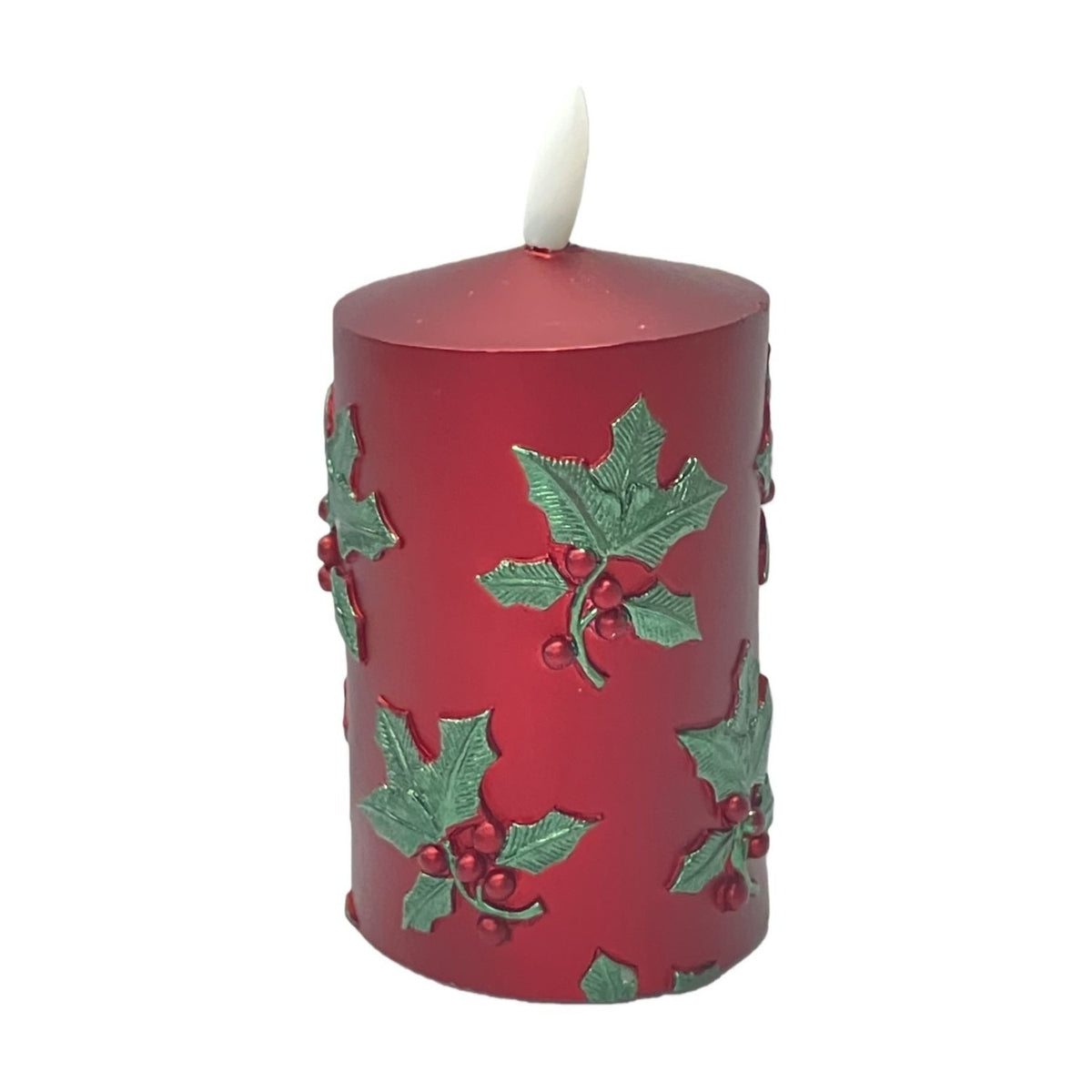 Embossed Holly Leaf Pillar LED Candle 11cm - Red & Green