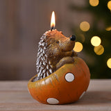 Hedgehog Candle with Spotted Mushroom 9.5cm - Brown & Orange