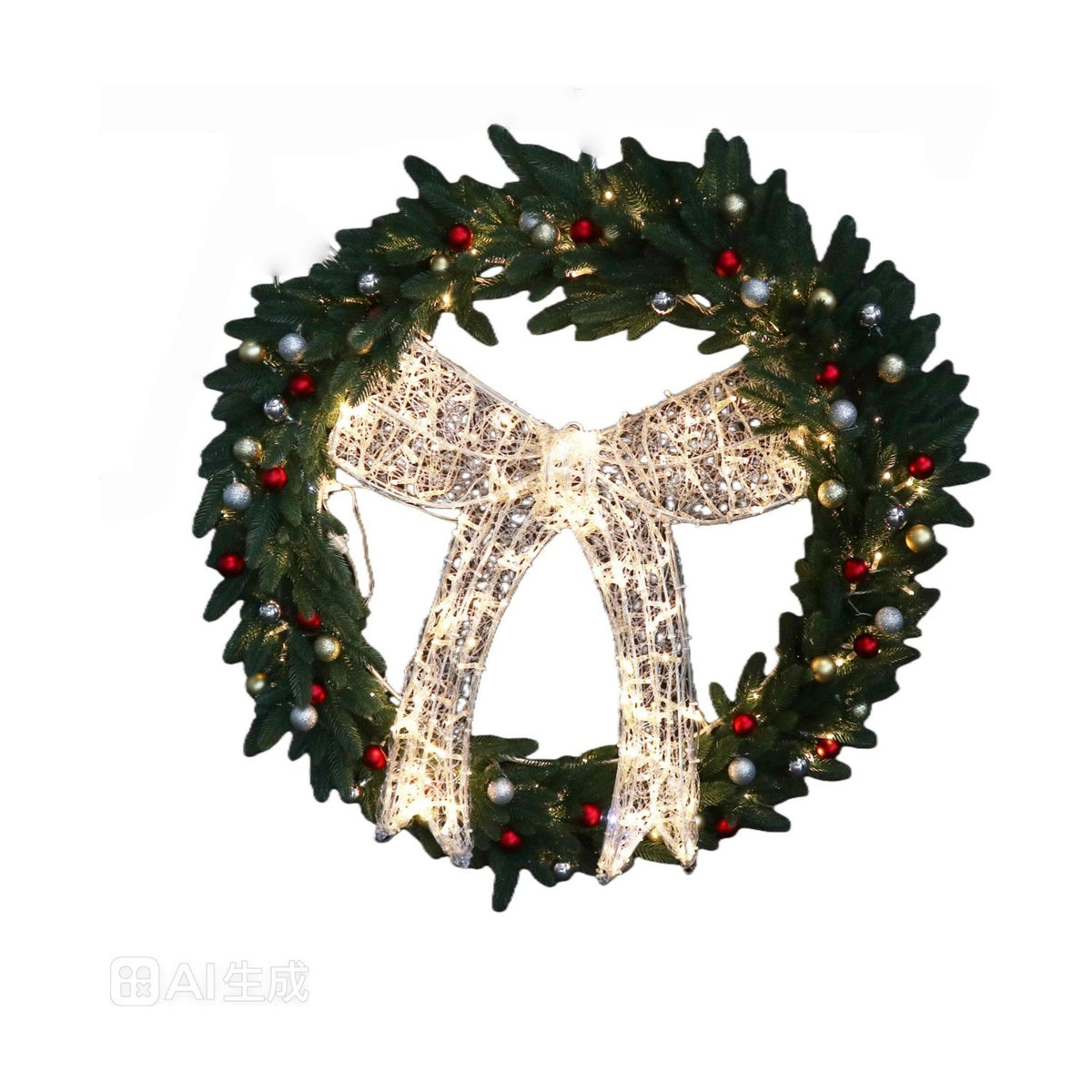 Christmas LED Plastic Wreath with Bowknot - Green & Gold