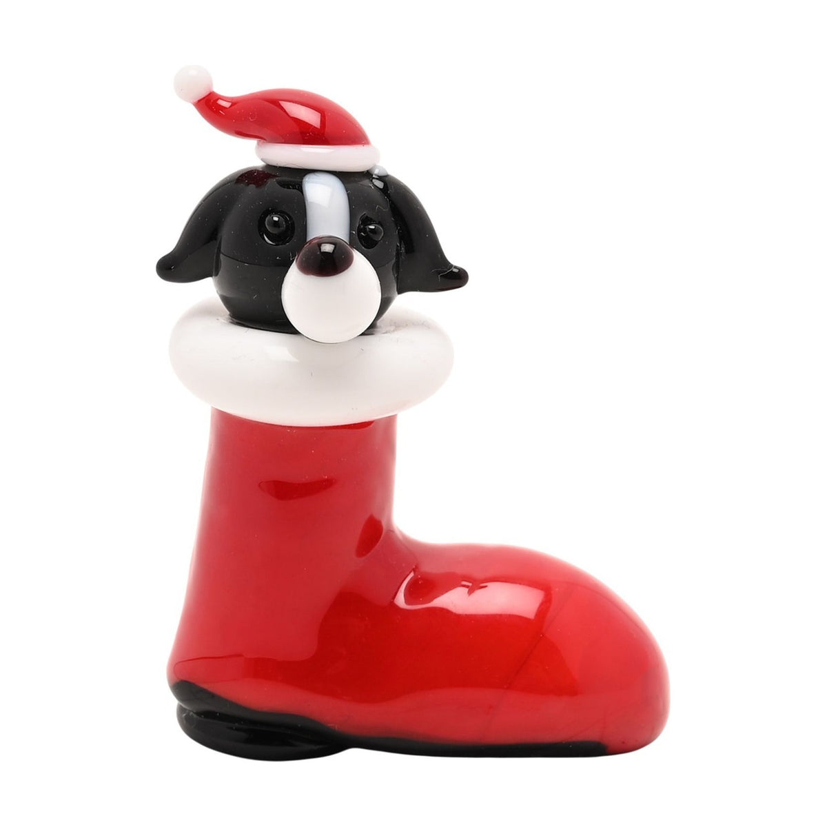 Dog in Santa Hat and Boot Miniature Glass Figurine - Red