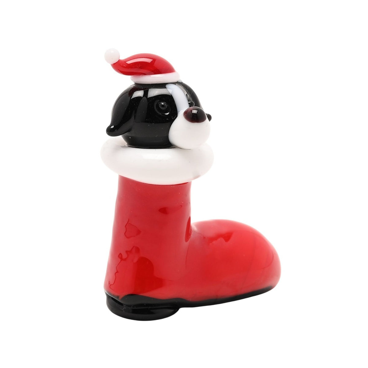 Dog in Santa Hat and Boot Miniature Glass Figurine - Red