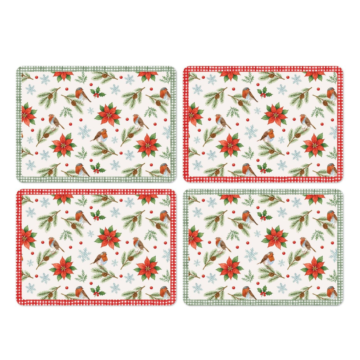 Set of 4 Poinsettia and Berry Wood & Cork Placemats - Red & Green