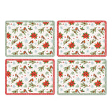 Set of 4 Poinsettia and Berry Wood & Cork Placemats - Red & Green