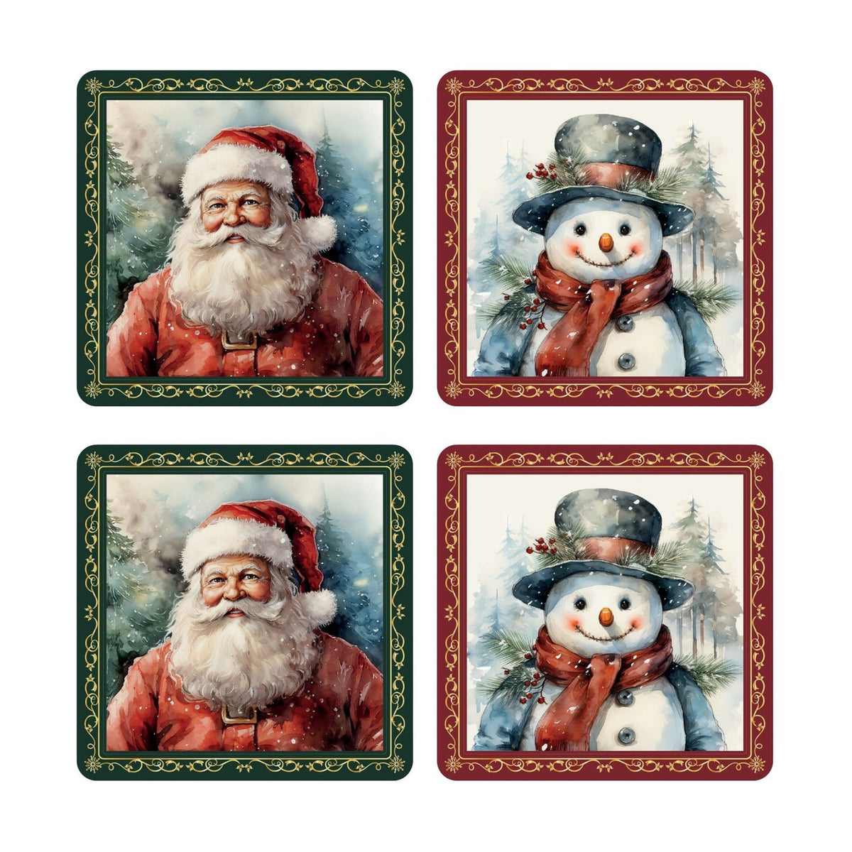 Set of 4 Santa & Snowman Cork Backed Coasters 10cm - Green & Red
