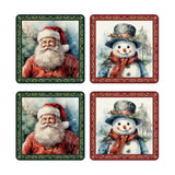 Set of 4 Santa & Snowman Cork Backed Coasters 10cm - Green & Red