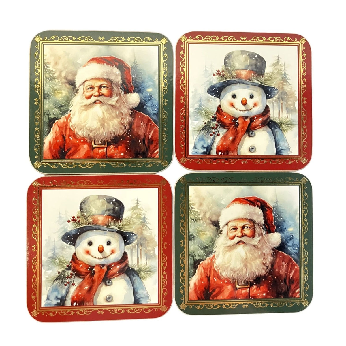 Set of 4 Santa & Snowman Cork Backed Coasters 10cm - Green & Red