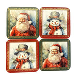 Set of 4 Santa & Snowman Cork Backed Coasters 10cm - Green & Red