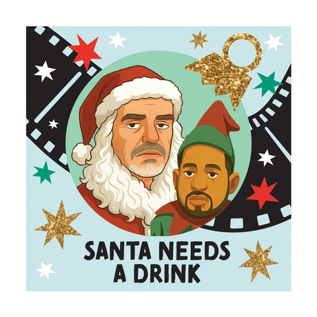 Square ceramic coaster in blue featuring illustrated Santa and elf with "SANTA NEEDS A DRINK" text, film strip border and red, green, white and gold stars.
