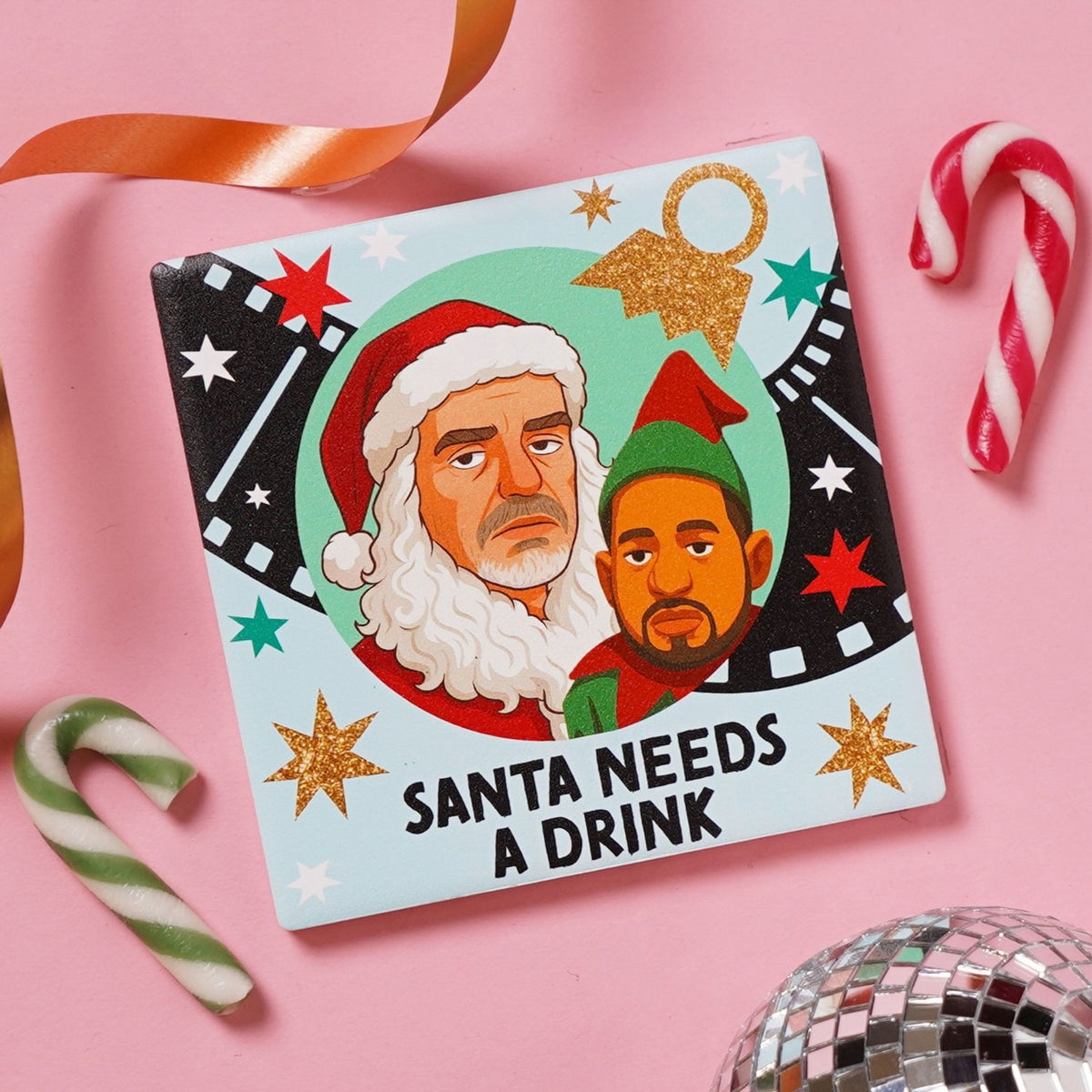 Santa Needs A Drink Square Ceramic Coaster in Window Box - Blue