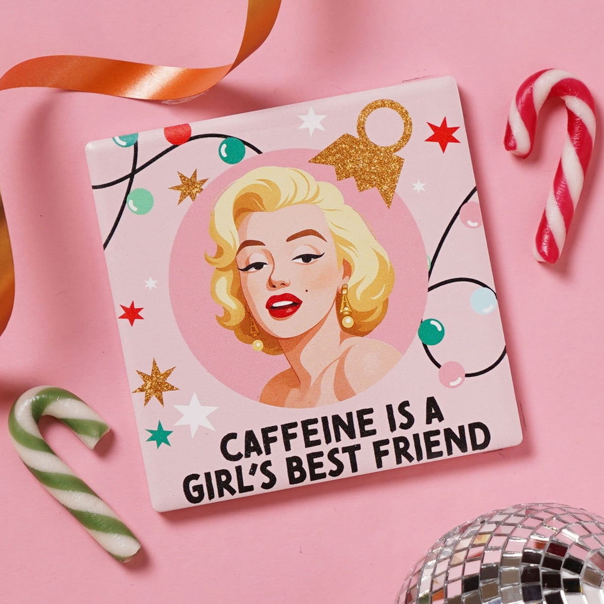 Caffeine Is A Girl's Best Friend Square Ceramic Coaster - Pink