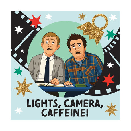 Square ceramic coaster in light blue, printed with two wide-eyed cartoon characters at a desk and the text "Lights, Camera, Caffeine," bordered by a film strip and star design.