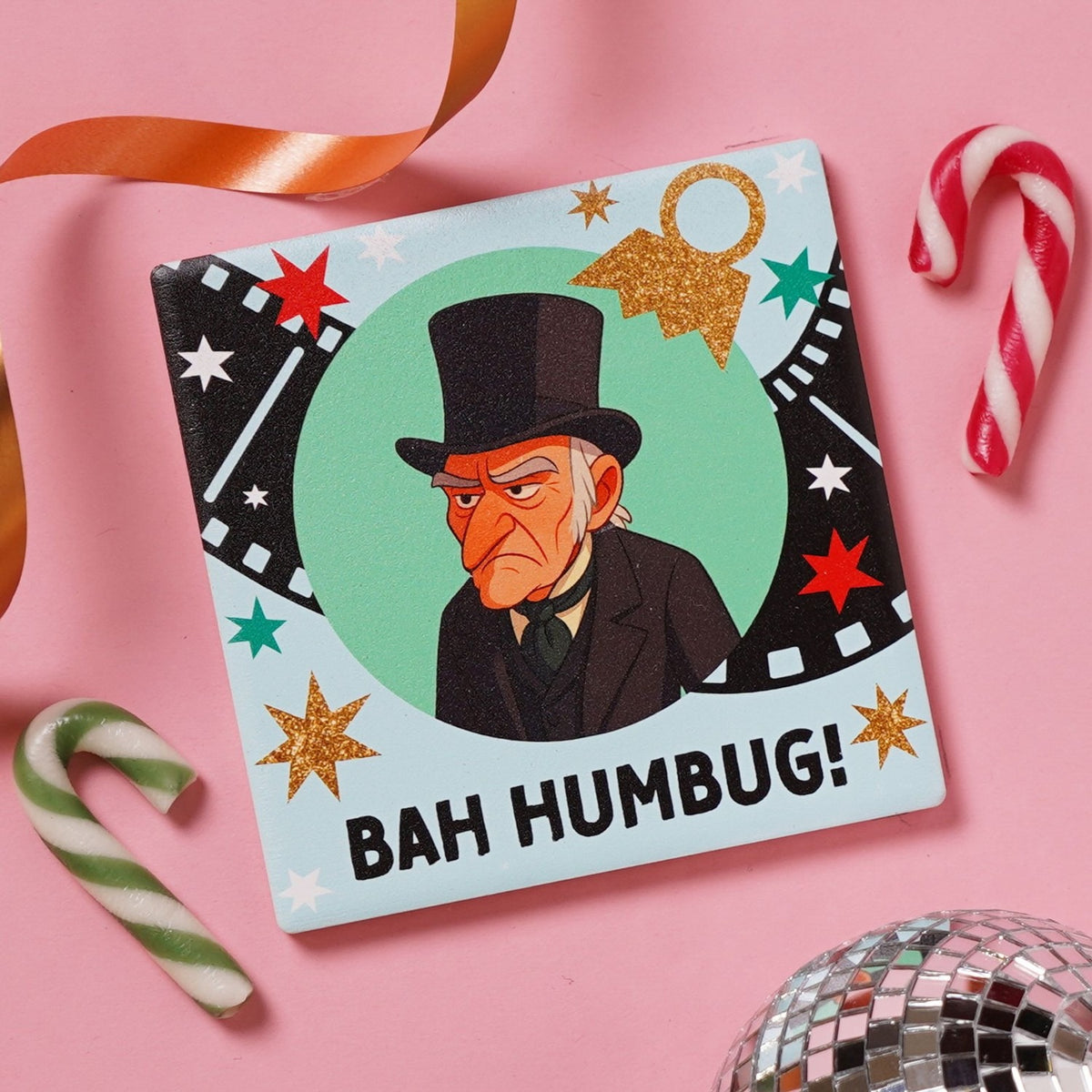 Bah Humbug Square Ceramic Christmas Coaster in Window Box