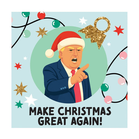 Square ceramic coaster in light blue with a mint green circle featuring a cartoon figure in a Santa hat pointing, festive lights and stars, with "Make Christmas Great Again!" text.