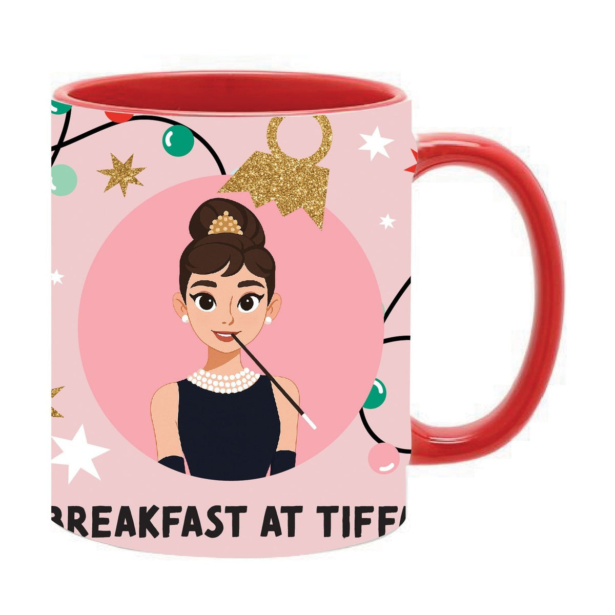 Icons Coffee in Bed Stoneware Mug 11oz with Red Handle - Pink