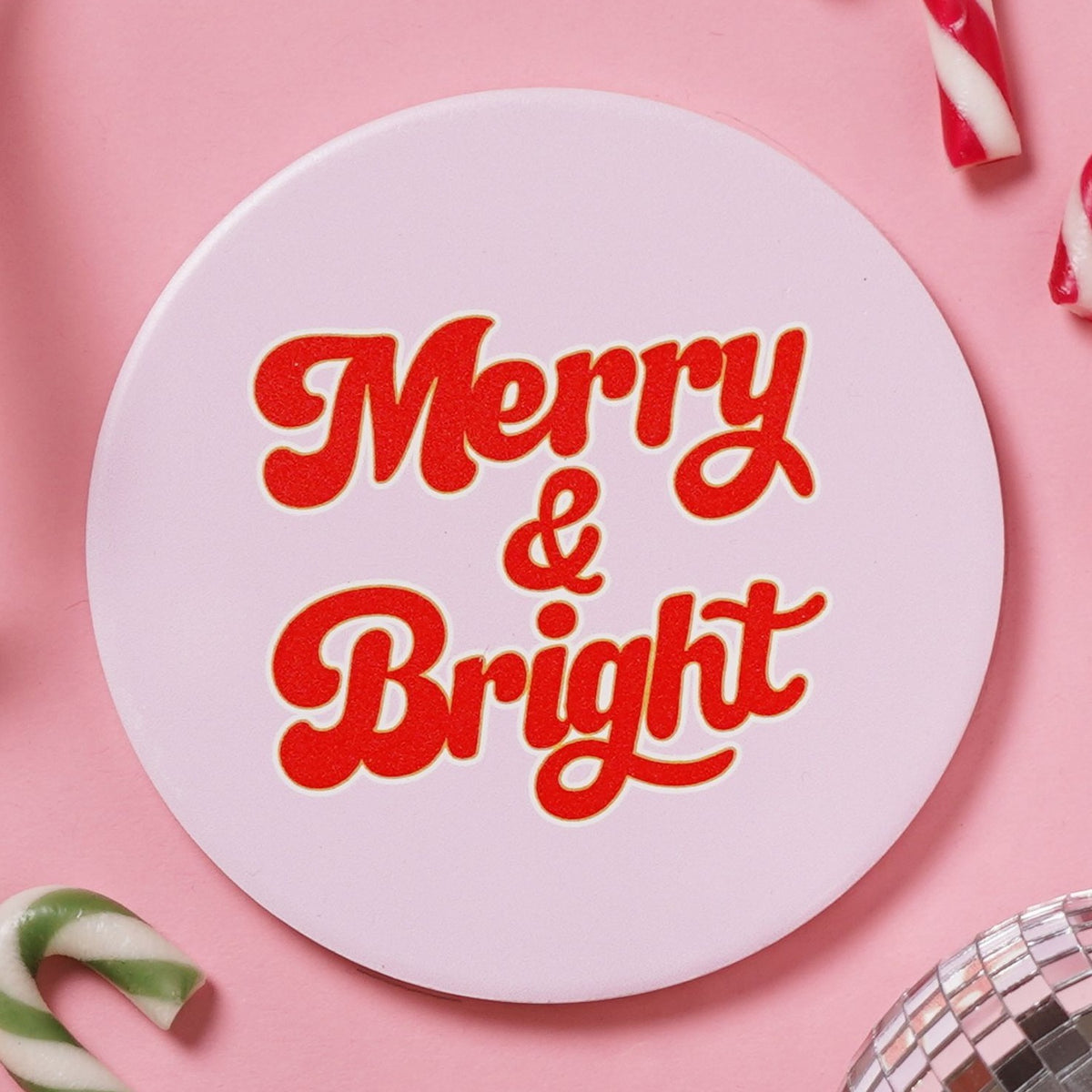 Merry & Bright Christmas Round Ceramic Coaster 10cm - Pink