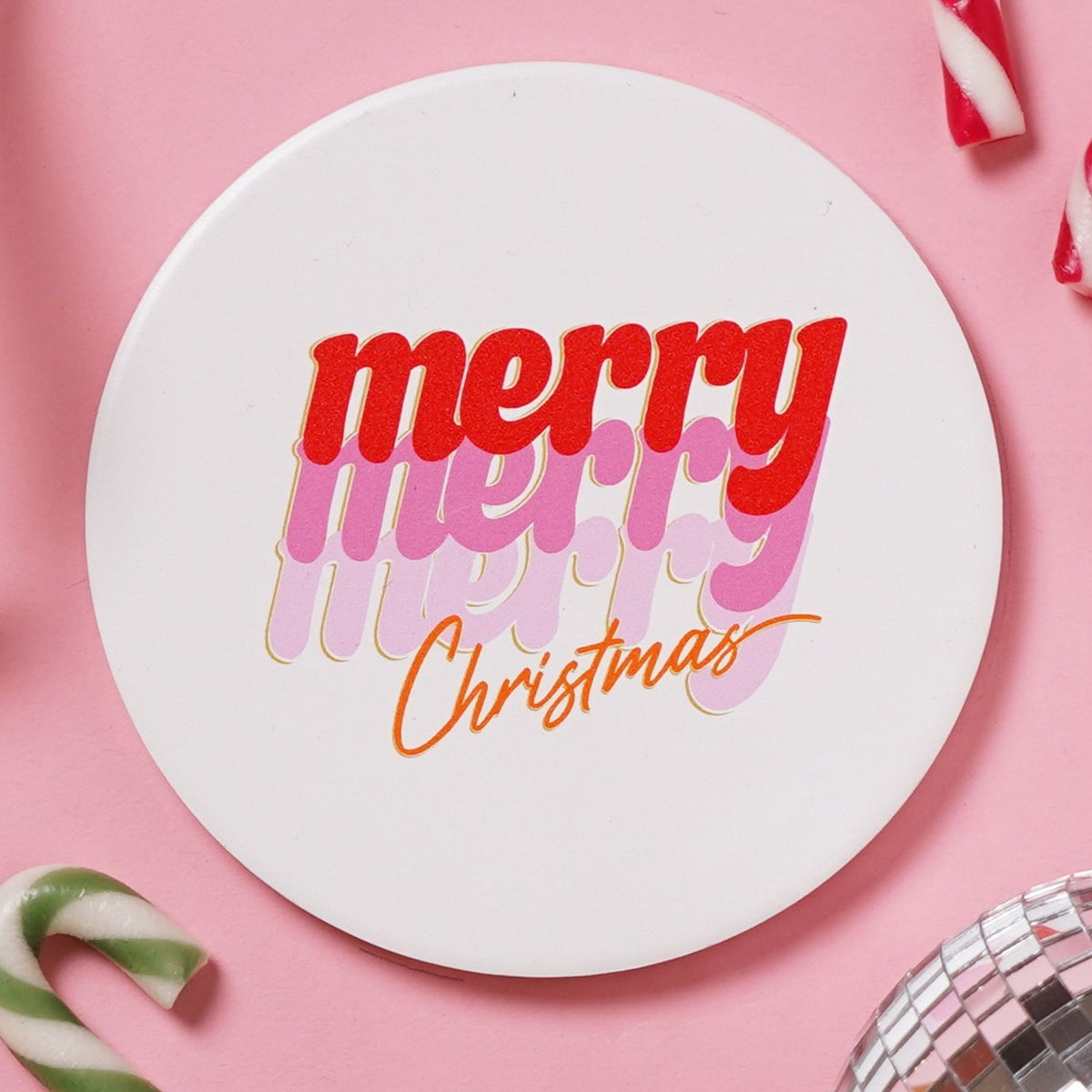 Stacked Merry Christmas Print Round Ceramic Coaster - White