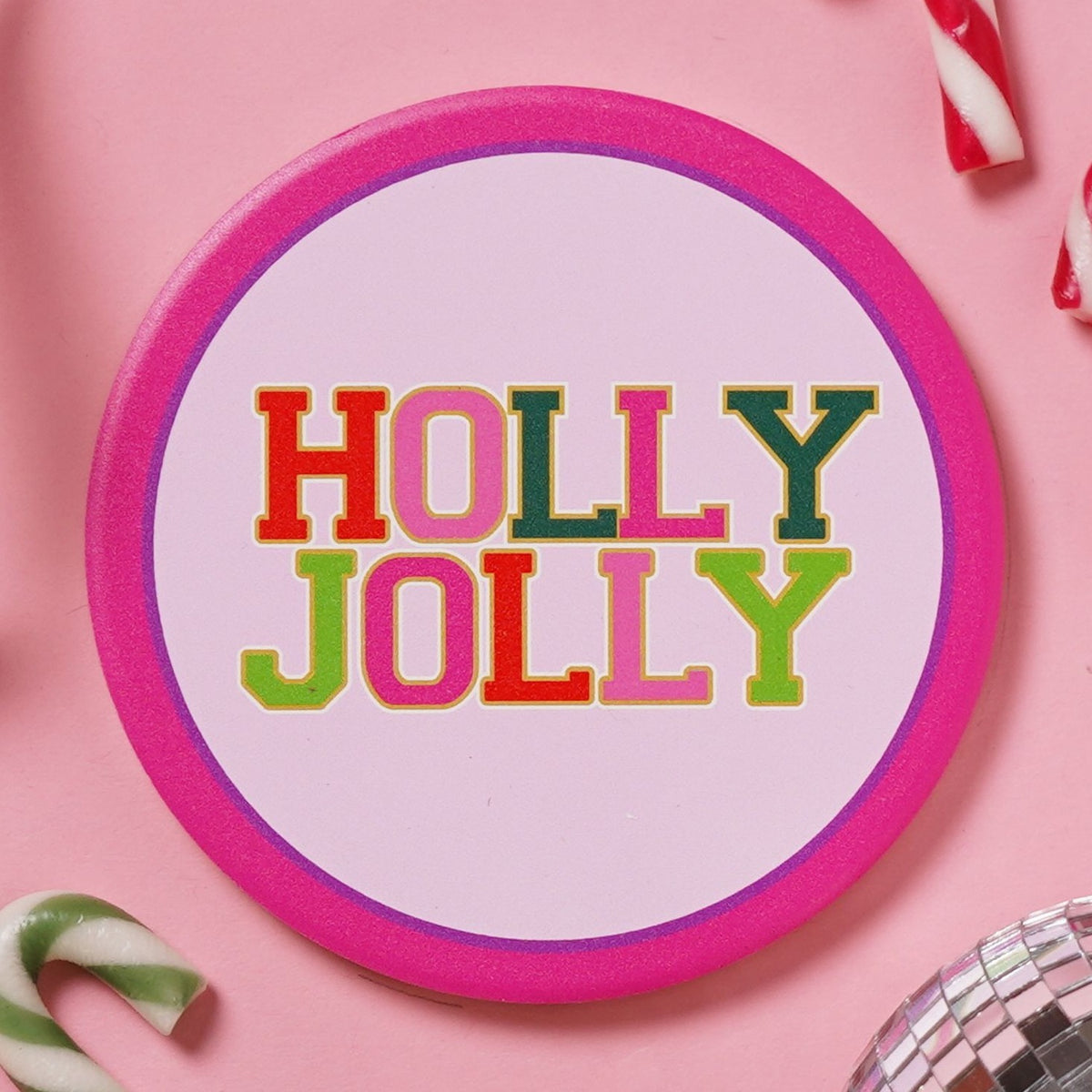 Holly Jolly Patch Round Ceramic Christmas Coaster - Pink