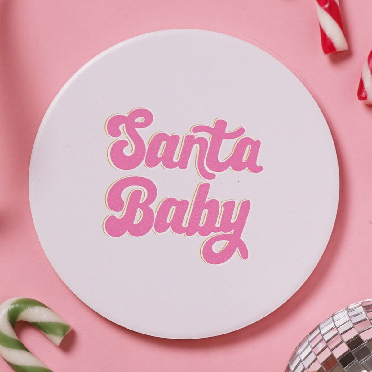 Santa Baby Patch Round Ceramic Coaster - Pink & White