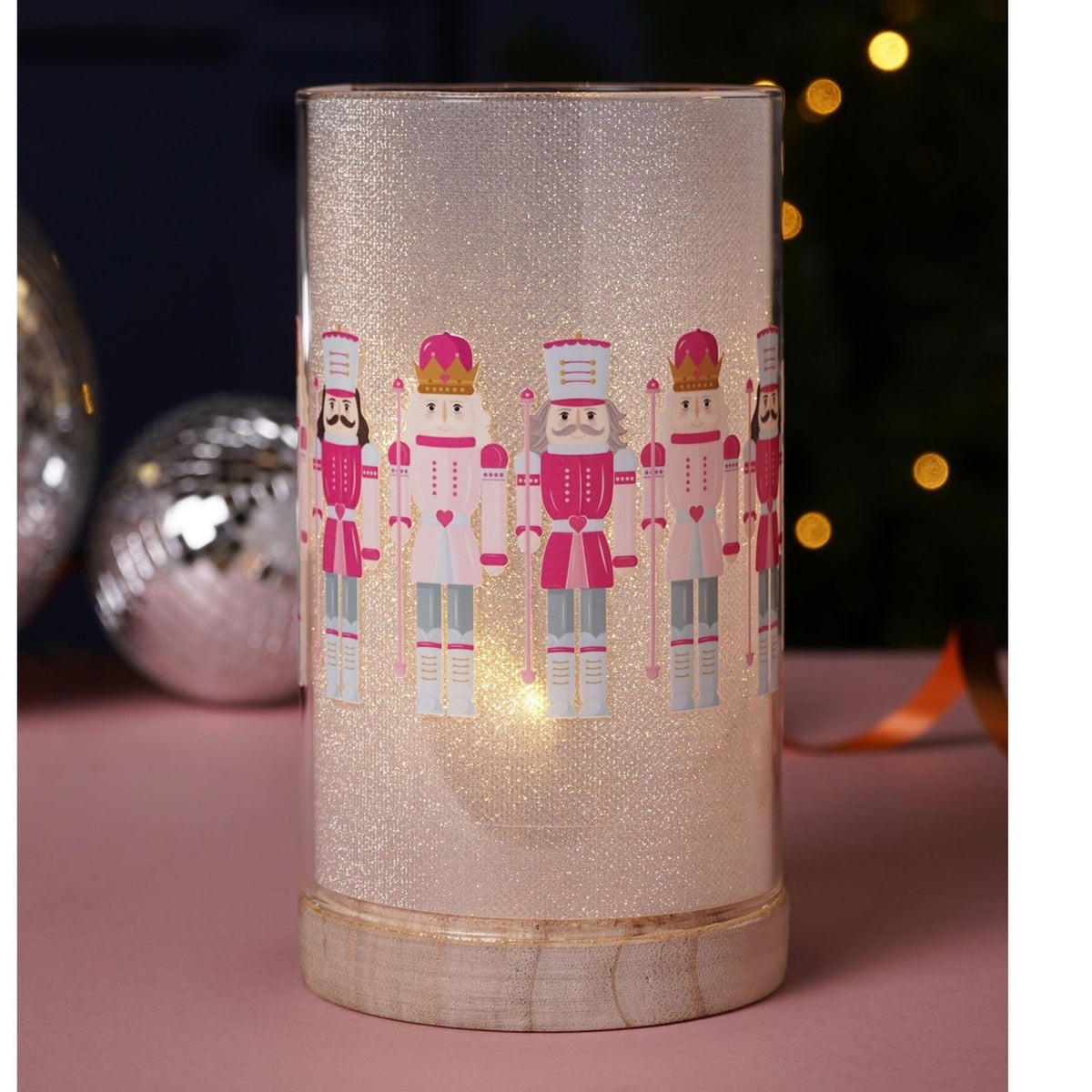 Glitter Nutcracker Tube Light-Up Decoration with Wood Base - Pink