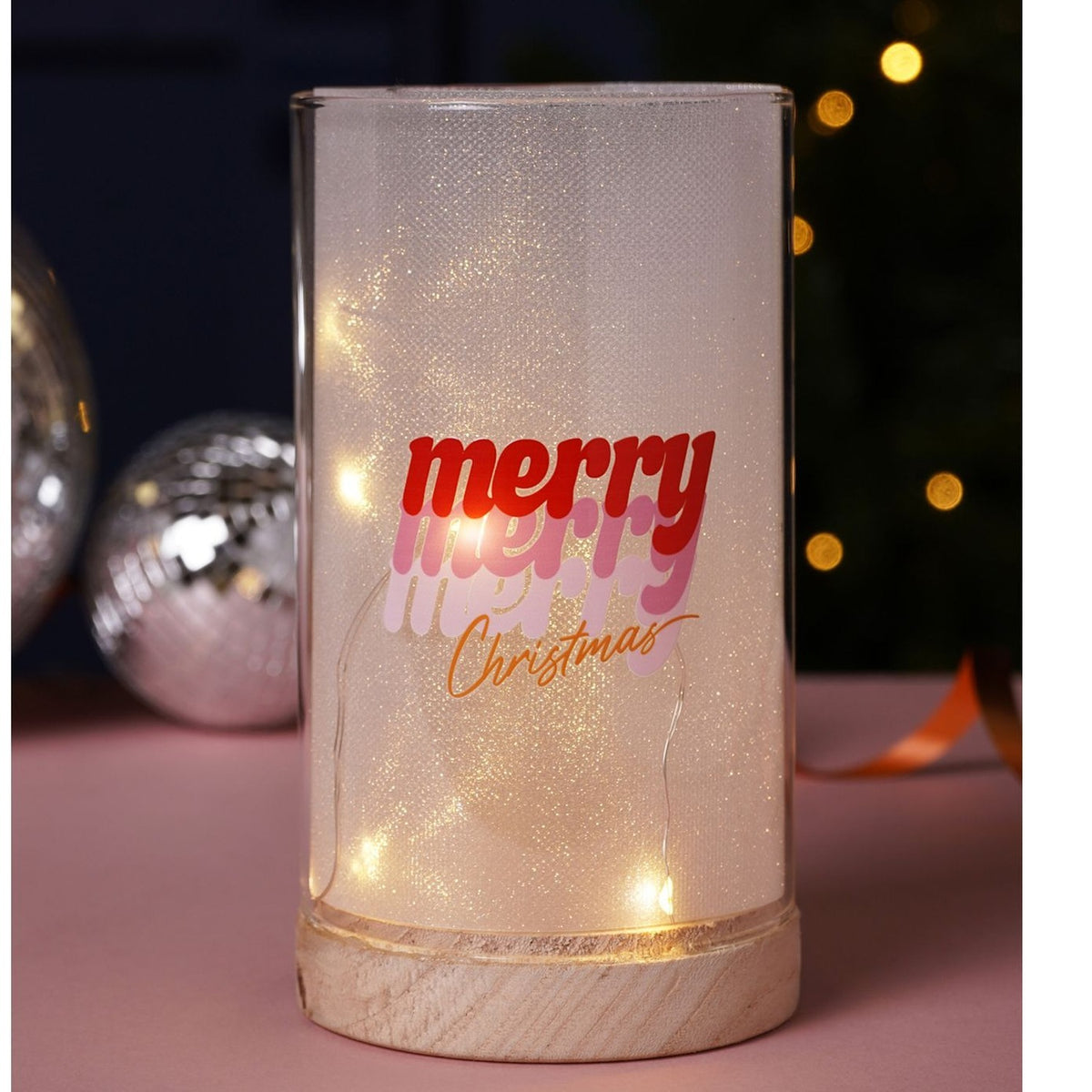 Merry Christmas Glitter Tube Light-Up Decoration - Red & Brown