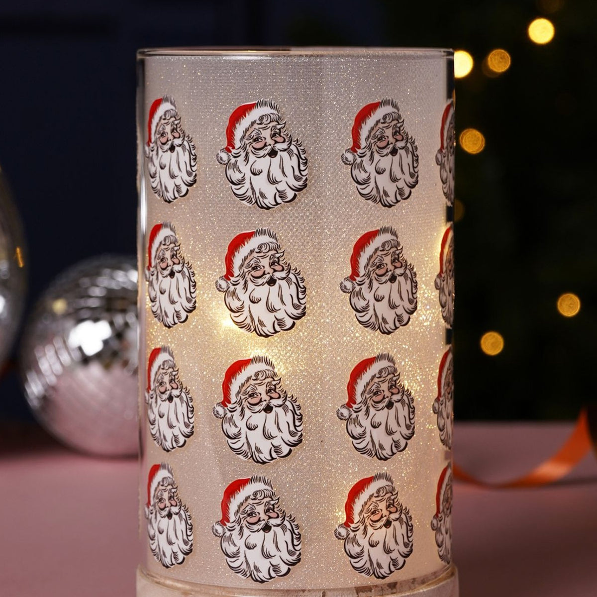 Glitter Santa Light-Up Decoration with Wooden Base - Red & White