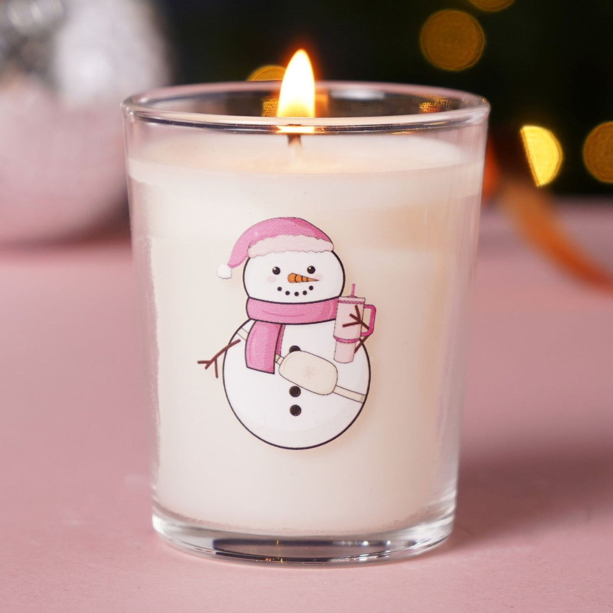 Bobble Hat Snowman Votive Scented Candle 10cl - Pink & White