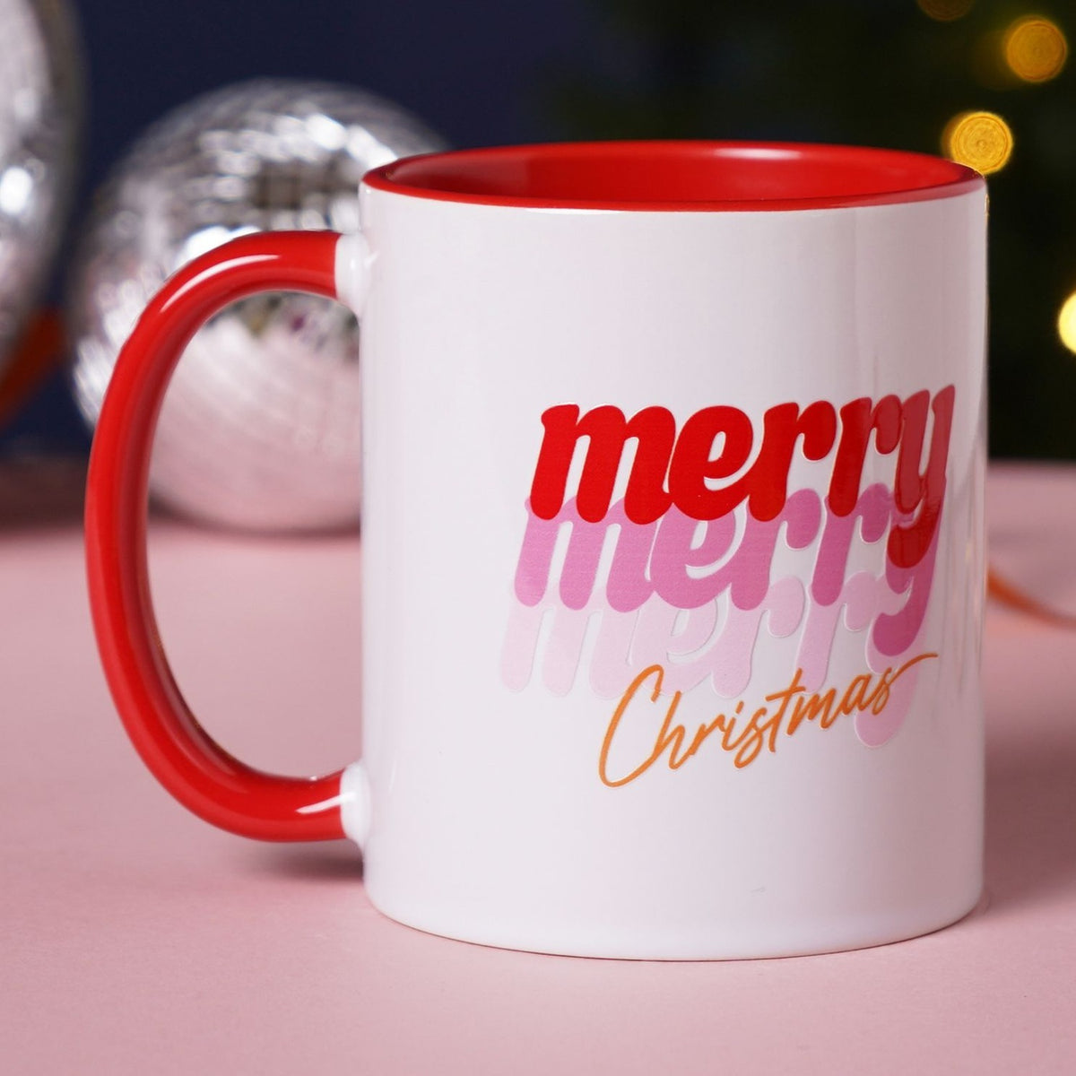 Triple Merry Christmas Print Gloss Stoneware Mug 11oz - Red