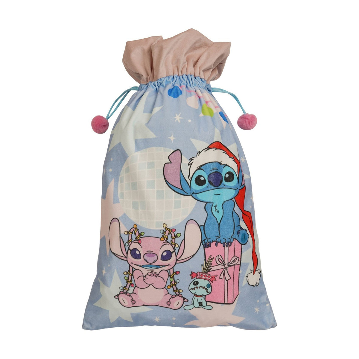 Stitch Christmas Present Sack with Pompom Drawstring - Blue