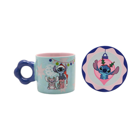 Stitch & Angel Christmas porcelain mug and round coaster set in pale aqua blue with pink stars, flower-shaped blue handle, and matching Stitch ornament coaster on a white background.