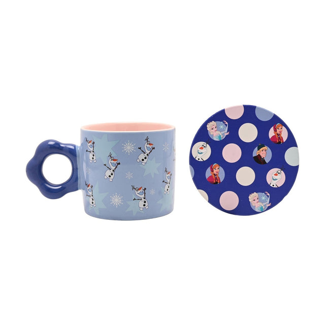 Frozen Snowman porcelain mug, 250ml, in blue with pink interior and scalloped blue handle, shown with a matching round coaster featuring Elsa, Anna and Olaf on a blue polka-dot design.