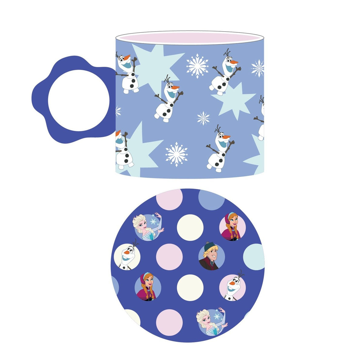 Frozen Snowman Porcelain Mug 250ml, blue with Olaf and snowflake print, pink interior, scalloped blue handle, shown with matching round coaster featuring Elsa, Anna and Olaf on polka-dot blue.