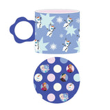 Frozen Snowman Porcelain Mug 250ml, blue with Olaf and snowflake print, pink interior, scalloped blue handle, shown with matching round coaster featuring Elsa, Anna and Olaf on polka-dot blue.