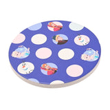 Round ceramic coaster from the Frozen Snowman Mug set, blue with a polka dot pattern and circular portraits of Anna, Elsa, Kristoff and Olaf, shown on a white background.