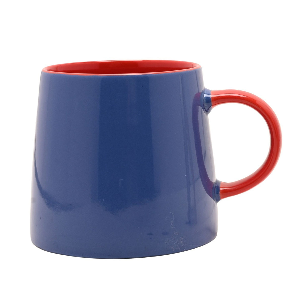 Blue porcelain Toy Story mug with tapered shape, red handle and red interior, shown on a plain white background.