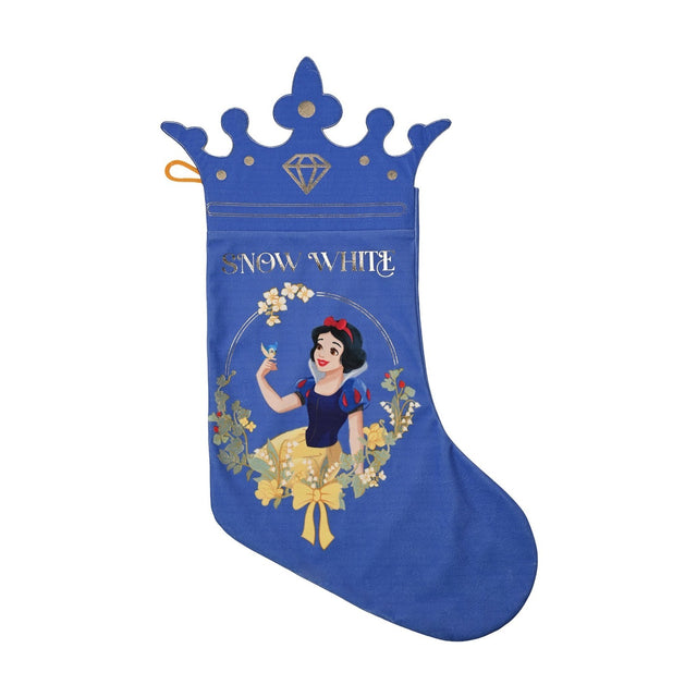 Blue Snow White Christmas stocking with a crown-shaped top, featuring gold "Snow White" text and her portrait within a floral wreath, shown on a white background.